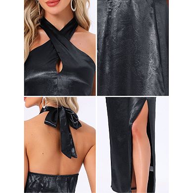 Women's Backless Dress Split Satin Floral Halter Deep V Neck Party Cocktail Maxi Dresses