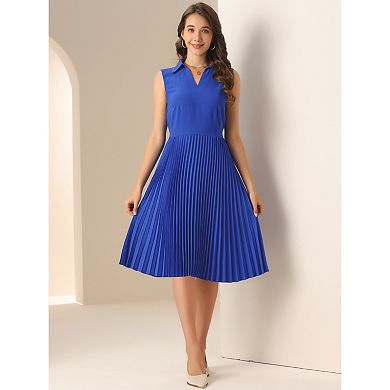 Collared Pleated Dress for Women's V Neck Sleeveless Work Office Dresses