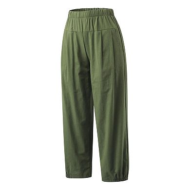Womens Wide Leg Linen Pants Loose Fit Lounge Yoga Cropped Capris Sweatpants with Pockets
