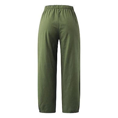 Womens Wide Leg Linen Pants Loose Fit Lounge Yoga Cropped Capris Sweatpants with Pockets