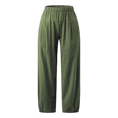 Womens Wide Leg Linen Pants Loose Fit Lounge Yoga Cropped Capris Sweatpants with Pockets