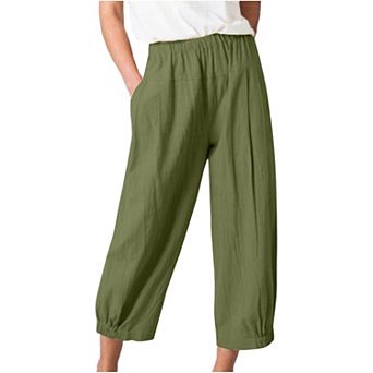 Womens Wide Leg Linen Pants Loose Fit Lounge Yoga Cropped Capris Sweatpants with Pockets