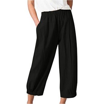 Womens Wide Leg Linen Pants Loose Fit Lounge Yoga Cropped Capris Sweatpants with Pockets