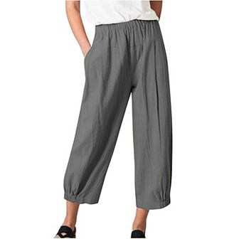 Womens Wide Leg Linen Pants Loose Fit Lounge Yoga Cropped Capris Sweatpants with Pockets