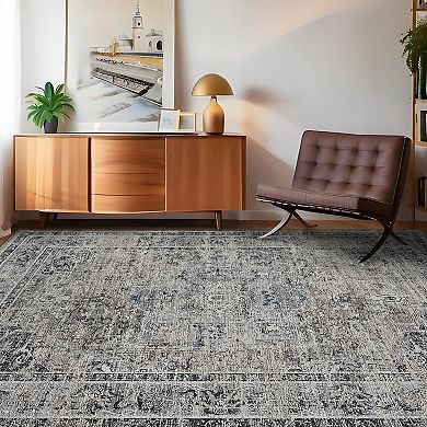 Garvee Faux Wool Distressed Floral Printed Area Rug Washable Low Pile Non Slip for Home Decor