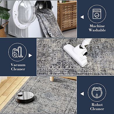 Garvee Faux Wool Distressed Floral Printed Area Rug Washable Low Pile Non Slip for Home Decor