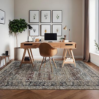 Garvee Faux Wool Distressed Floral Printed Area Rug Washable Low Pile Non Slip for Home Decor