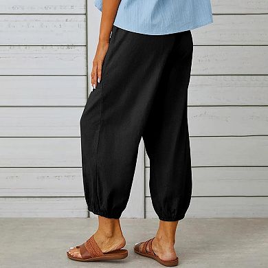 Women's Loose Fitting High Waist Wide Leg Trousers Buckle Cotton Linen Pants Trousers with Pocket