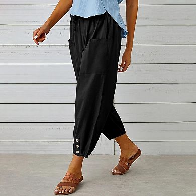Women's Loose Fitting High Waist Wide Leg Trousers Buckle Cotton Linen Pants Trousers with Pocket