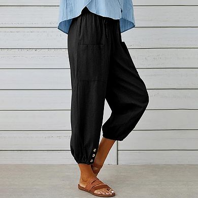 Women's Loose Fitting High Waist Wide Leg Trousers Buckle Cotton Linen Pants Trousers with Pocket