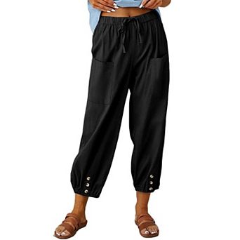 Women's Loose Fitting High Waist Wide Leg Trousers Buckle Cotton Linen Pants Trousers with Pocket