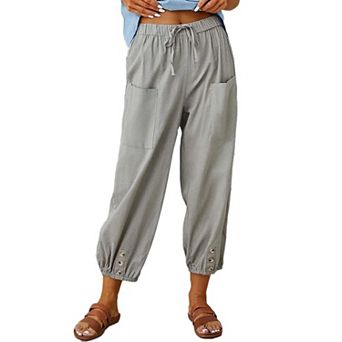 Women's Loose Fitting High Waist Wide Leg Trousers Buckle Cotton Linen Pants Trousers with Pocket