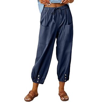 Women's Loose Fitting High Waist Wide Leg Trousers Buckle Cotton Linen Pants Trousers with Pocket