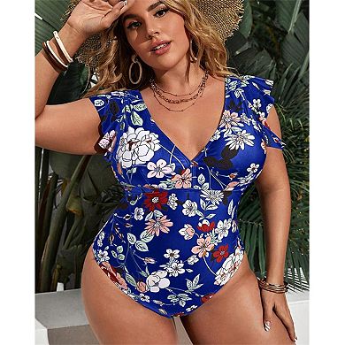 Women's Plus Size One Piece Swimsuit Floral Deep V Neck Ruffle Bathing Suit