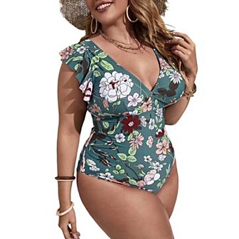 Women's Plus Size One Piece Swimsuit Floral Deep V Neck Ruffle Bathing Suit
