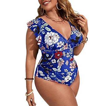 Women's Plus Size One Piece Swimsuit Floral Deep V Neck Ruffle Bathing Suit