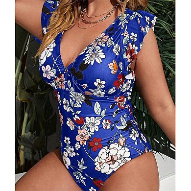 Women's Plus Size One Piece Swimsuit Floral Deep V Neck Ruffle Bathing Suit