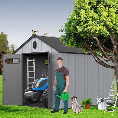 Mondawe 8x10ft Plastic Big Tool Storage,Rainproof Roof & Hinged Door,Weather-Resistant