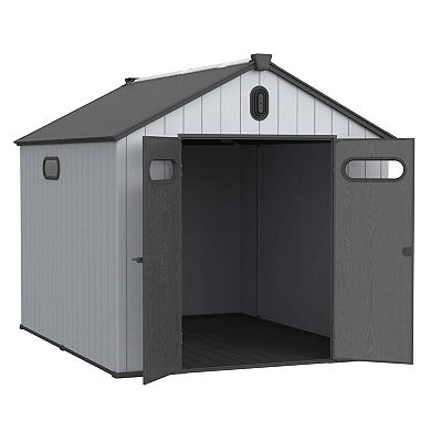 Mondawe 8x10ft Plastic Big Tool Storage,Rainproof Roof & Hinged Door,Weather-Resistant