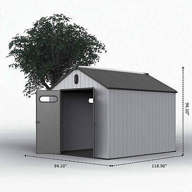 Mondawe 8x10ft Plastic Big Tool Storage,Rainproof Roof & Hinged Door,Weather-Resistant