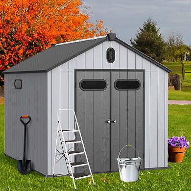 Mondawe 8x10ft Plastic Big Tool Storage,Rainproof Roof & Hinged Door,Weather-Resistant