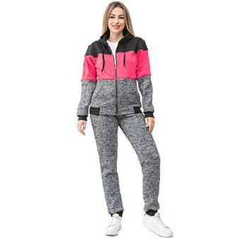 Women's ColorBlock Fleece SweatJacket and Jogger Sweatpants 2 pc Fleece Suit