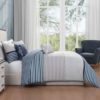 Bebejan Blue Geo Lines 100% Cotton Sateen 5 pc Reversible Comforter Set