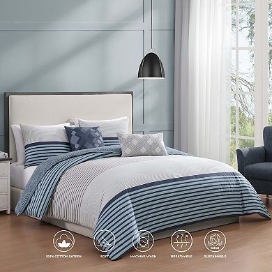 Bebejan Blue Geo Lines 100% Cotton Sateen 5 Piece Reversible Comforter Set