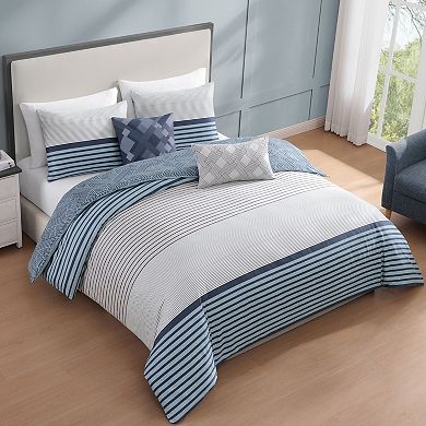 Bebejan Blue Geo Lines 100% Cotton Sateen 5 Piece Reversible Comforter Set