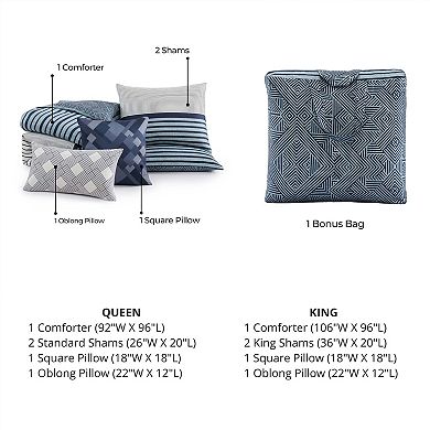 Bebejan Blue Geo Lines 100% Cotton Sateen 5 Piece Reversible Comforter Set