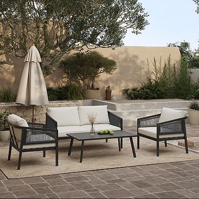 LuxenHome Outdoor Black Steel with PE Rope Armchairs with Cushions, Set of 2