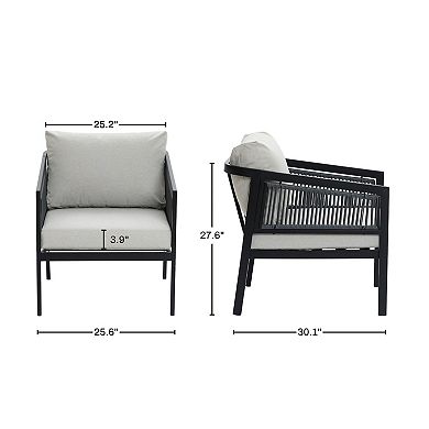 LuxenHome Outdoor Black Steel with PE Rope Armchairs with Cushions, Set of 2