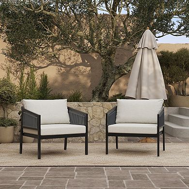 LuxenHome Outdoor Black Steel with PE Rope Armchairs with Cushions, Set of 2