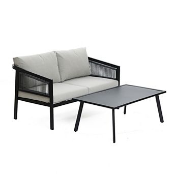 LuxenHome Outdoor Black Steel with PE Rope Loveseat with Cushions and Coffee Table Set