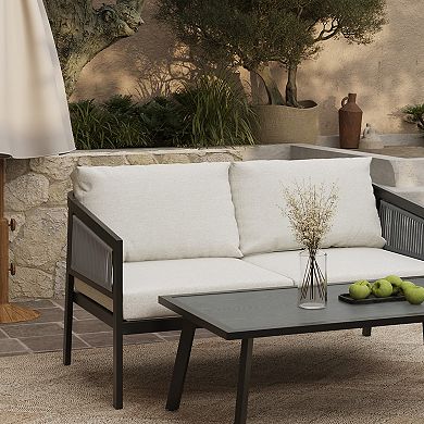 LuxenHome Outdoor Black Steel with PE Rope Loveseat with Cushions and Coffee Table Set
