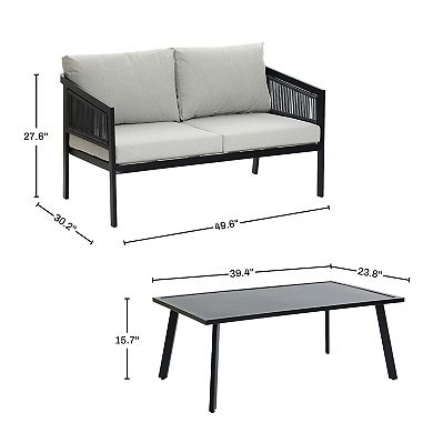 LuxenHome Outdoor Black Steel with PE Rope Loveseat with Cushions and Coffee Table Set
