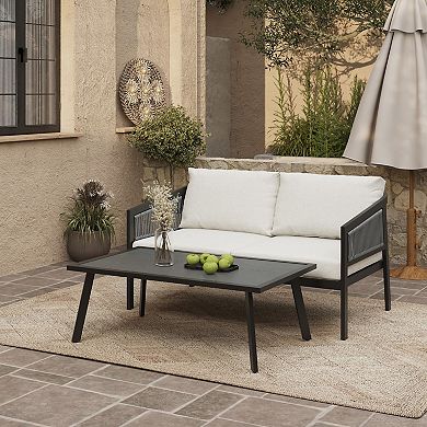 LuxenHome Outdoor Black Steel with PE Rope Loveseat with Cushions and Coffee Table Set