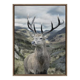 Sylvie Rosebud Deer Portrait with Linen Texture Framed Canvas by The Creative Bunch Studio