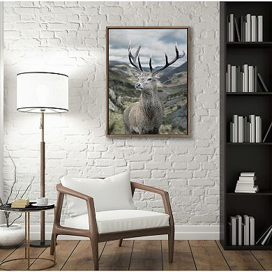 Sylvie Rosebud Deer Portrait with Linen Texture Framed Canvas by The Creative Bunch Studio