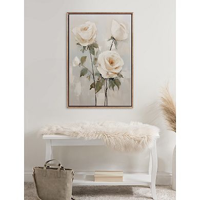 Sylvie Beaded Soft White Roses Framed Canvas by The Creative Bunch Studio