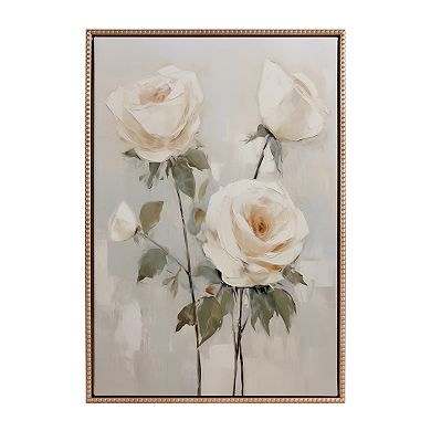 Sylvie Beaded Soft White Roses Framed Canvas by The Creative Bunch Studio