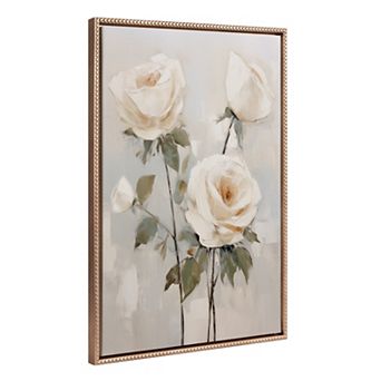 Sylvie Beaded Soft White Roses Framed Canvas by The Creative Bunch Studio