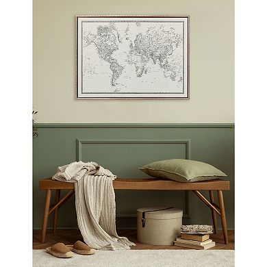 Sylvie Beaded Vintage Black and White World Map Framed Canvas by The Creative Bunch Studio