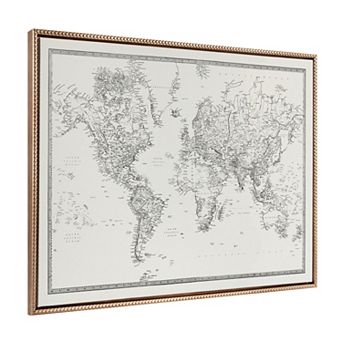 Sylvie Beaded Vintage Black and White World Map Framed Canvas by The Creative Bunch Studio