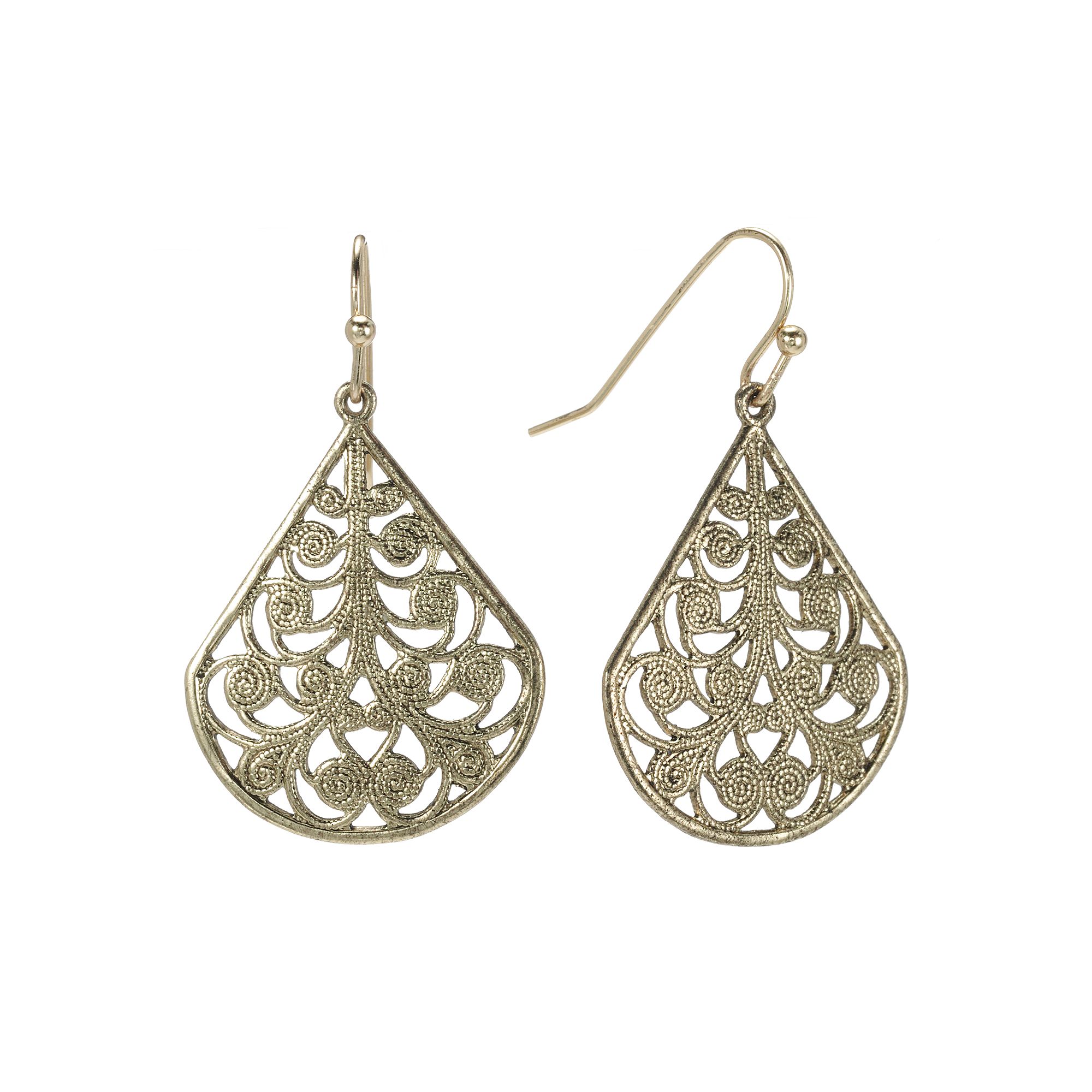 1928 Jet Filigree Teardrop Earrings, Womens, Gold Tone