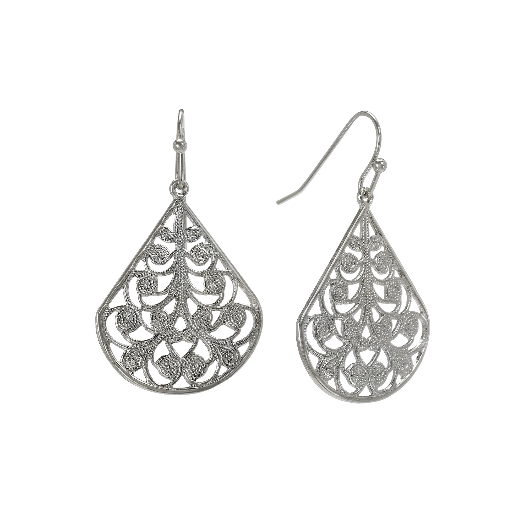 1928 Jet Filigree Teardrop Earrings, Womens, Silver Tone