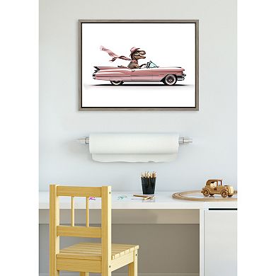 Sylvie Cowgirl Dino Driving 1950s Pink Cadillac Framed Canvas by Saint and Sailor Studios