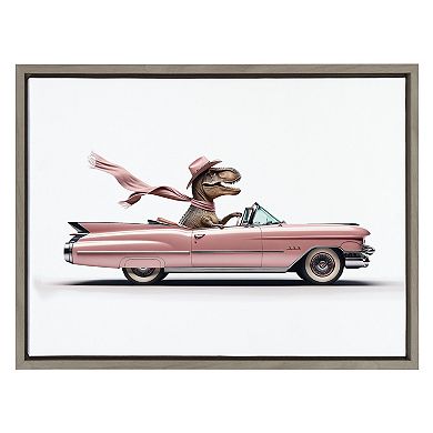 Sylvie Cowgirl Dino Driving 1950s Pink Cadillac Framed Canvas by Saint and Sailor Studios