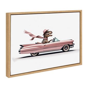 Sylvie Cowgirl Dino Driving 1950s Pink Cadillac Framed Canvas by Saint and Sailor Studios