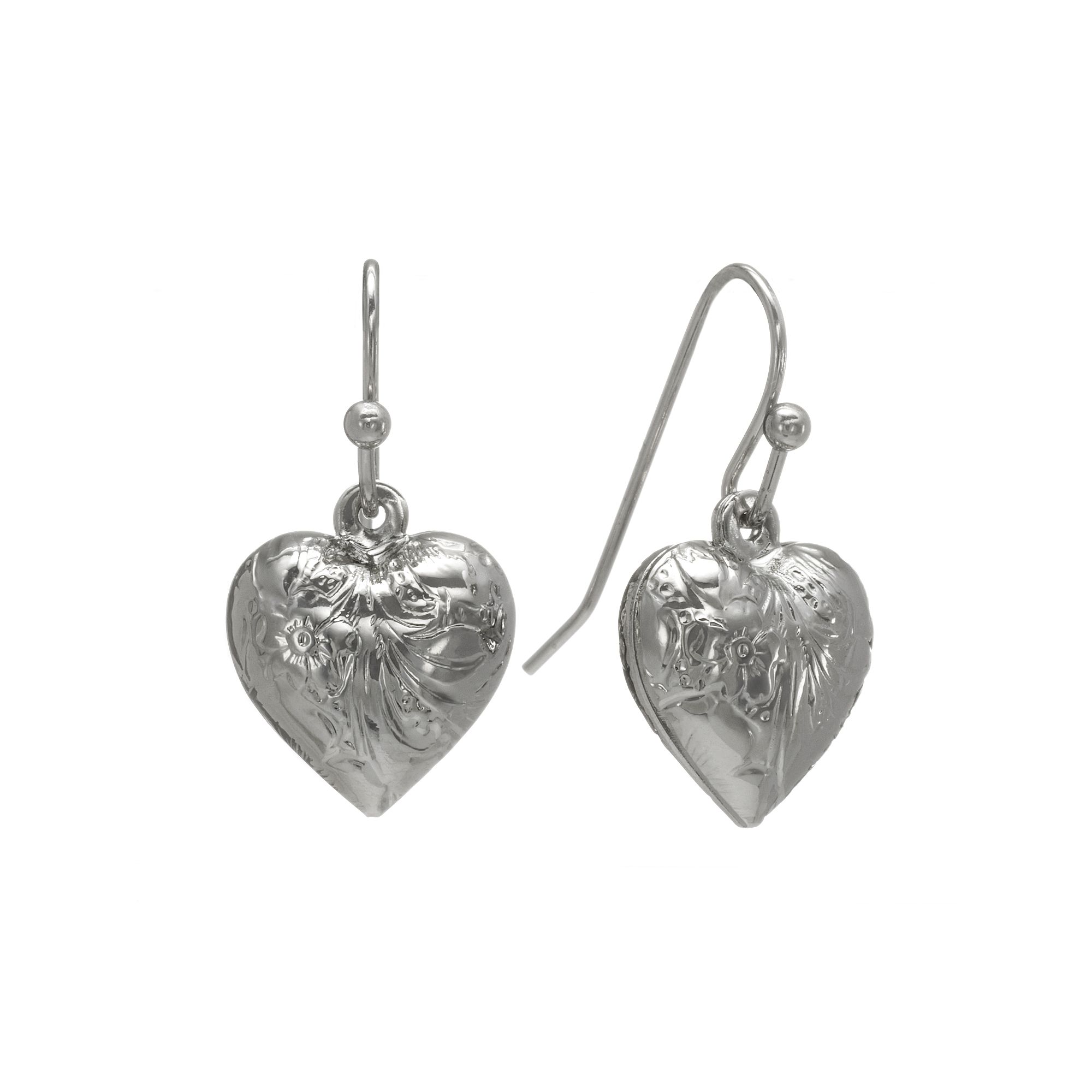 1928 Heart Drop Earrings, Womens, Silver Tone